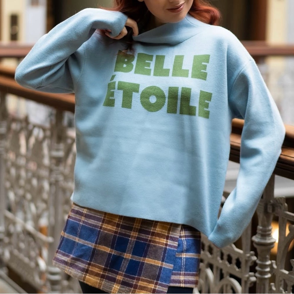 Maeve Anthropologie belle Etoile knit blue Cary’s mock neck sweater
